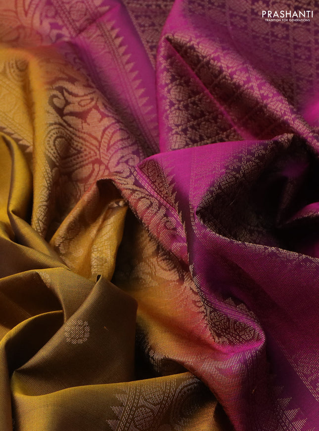 Pure soft silk saree dark mustard and purple with zari woven buttas and zari woven border