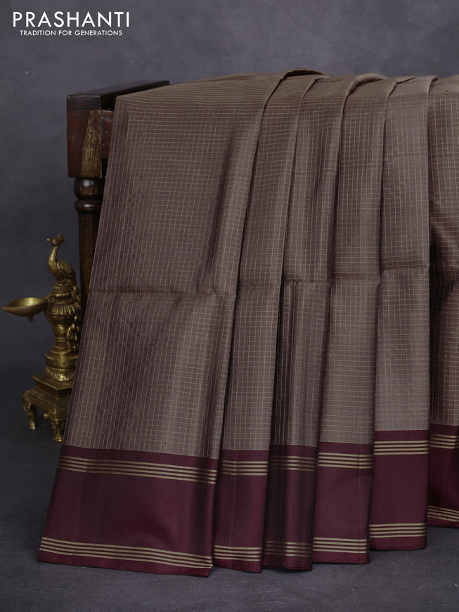 Pure soft silk saree pastel brown and deep maroon wth allover zari checked pattern and rettapet zari woven border