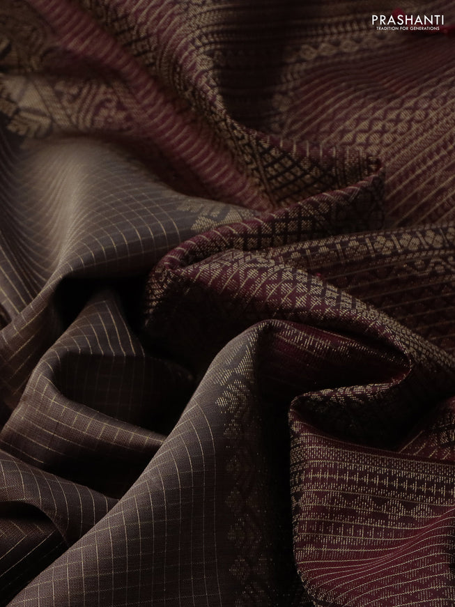 Pure soft silk saree pastel brown and deep maroon wth allover zari checked pattern and rettapet zari woven border