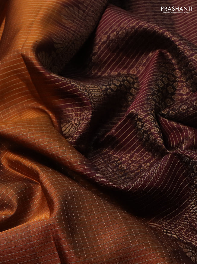 Pure soft silk saree rust shade and deep maroon wth allover zari checked pattern and rettapet zari woven border