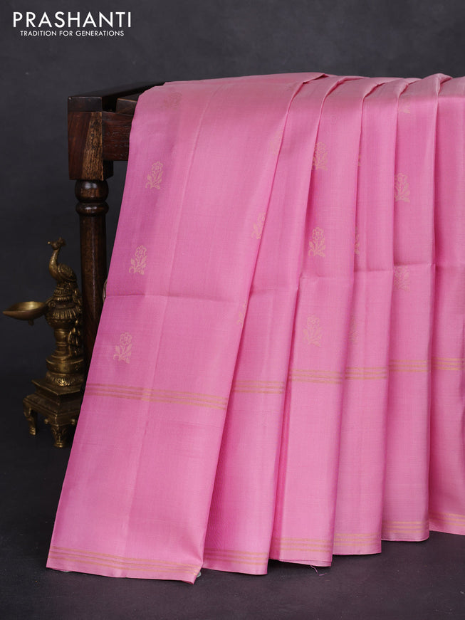Pure soft silk saree light pink with floral zari woven buttas and rettapet zari woven border