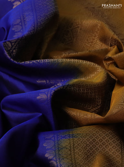 Pure soft silk saree royal blue and dark mustard with floral zari woven buttas and rettapet zari woven border