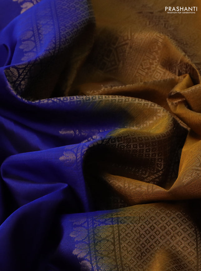 Pure soft silk saree royal blue and dark mustard with floral zari woven buttas and rettapet zari woven border