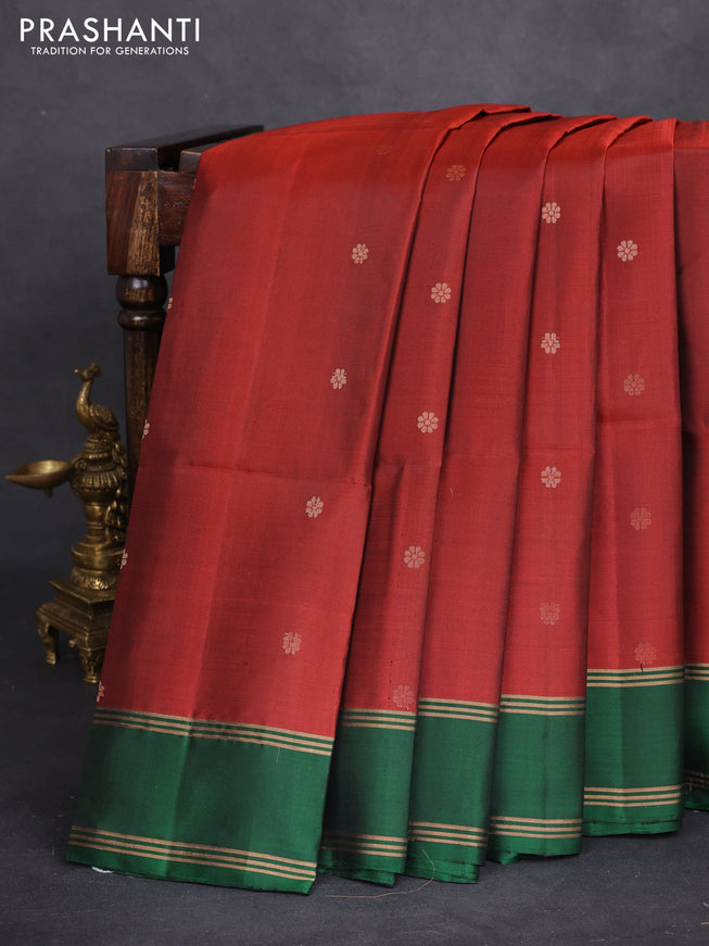Pure soft silk saree maroon and green with zari woven buttas and rettapet zari woven border
