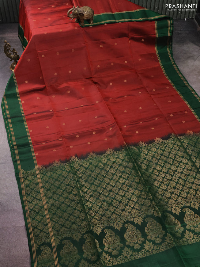 Pure soft silk saree maroon and green with zari woven buttas and rettapet zari woven border