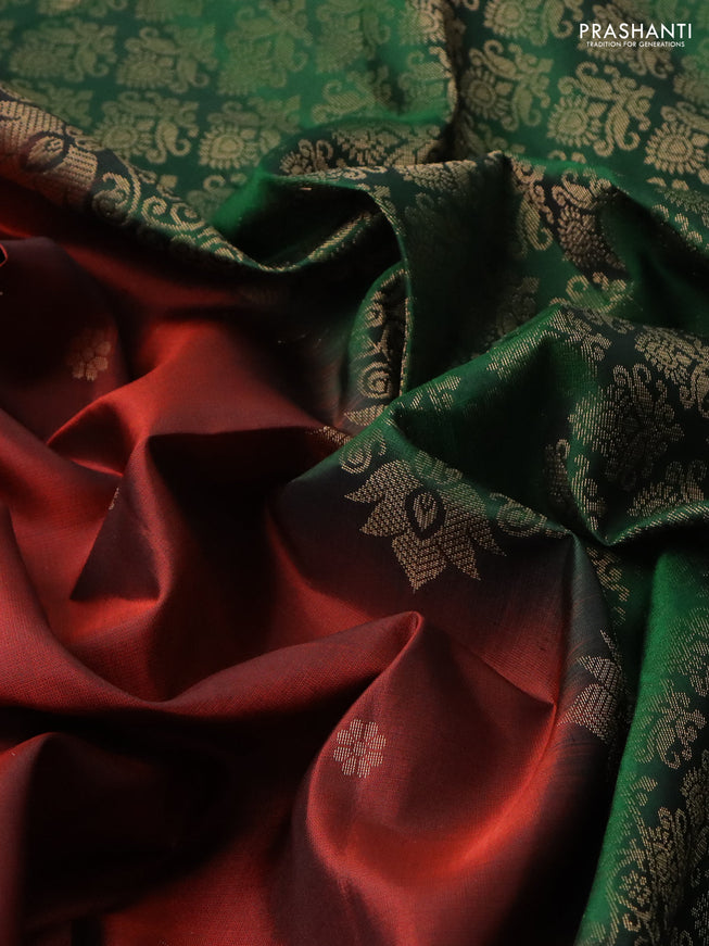 Pure soft silk saree maroon and green with zari woven buttas and rettapet zari woven border