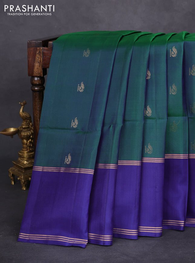 Pure soft silk saree dual shade of green and blue with zari woven buttas and rettapet zari woven border