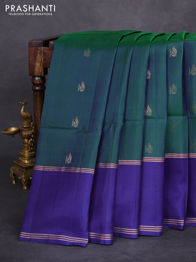 Pure soft silk saree dual shade of green and blue with zari woven buttas and rettapet zari woven border
