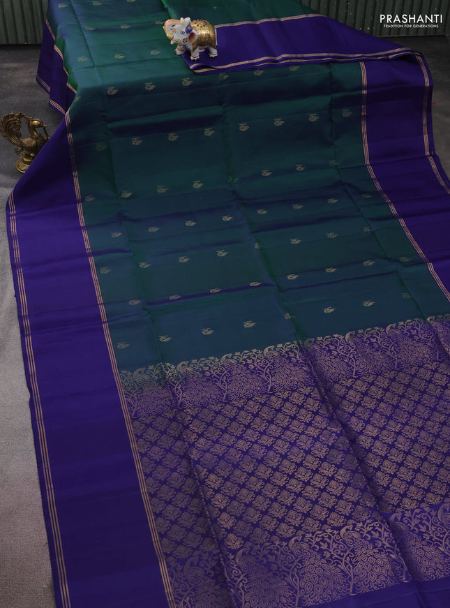 Pure soft silk saree dual shade of green and blue with zari woven buttas and rettapet zari woven border