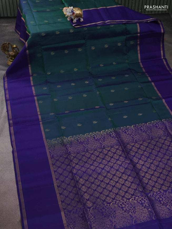 Pure soft silk saree dual shade of green and blue with zari woven buttas and rettapet zari woven border