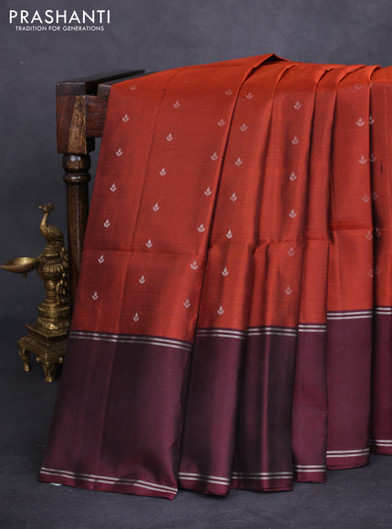 Pure soft silk saree rustic orange and deep maroon with allover silver zari woven buttas and rettapet silver zari woven border
