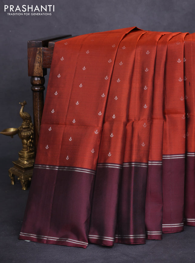 Pure soft silk saree rustic orange and deep maroon with allover silver zari woven buttas and rettapet silver zari woven border