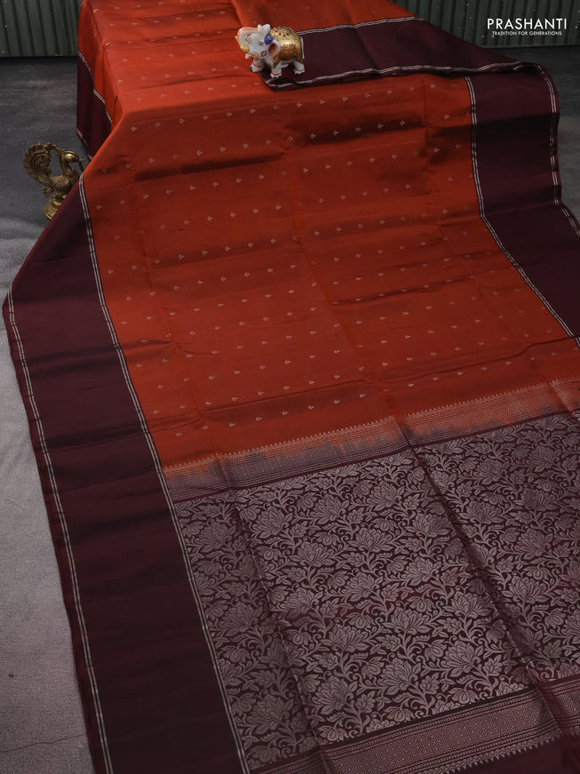 Pure soft silk saree rustic orange and deep maroon with allover silver zari woven buttas and rettapet silver zari woven border