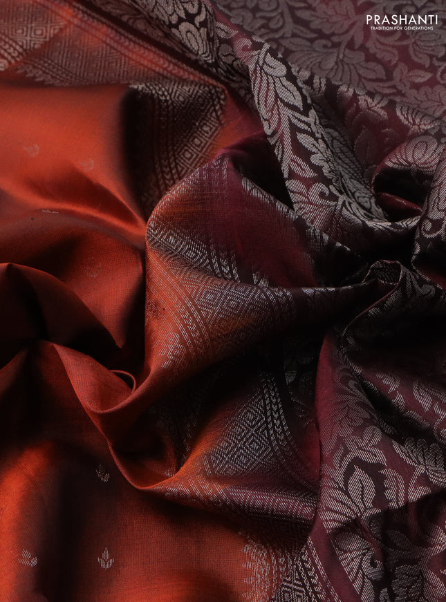 Pure soft silk saree rustic orange and deep maroon with allover silver zari woven buttas and rettapet silver zari woven border