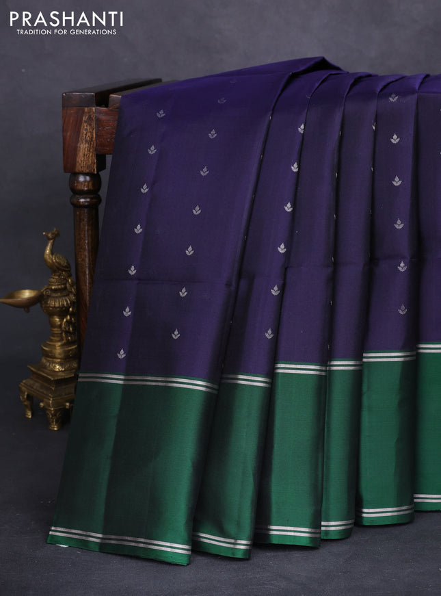 Pure soft silk saree navy blue and green with allover silver zari woven buttas and rettapet silver zari woven border