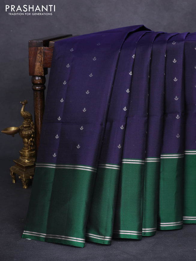 Pure soft silk saree navy blue and green with allover silver zari woven buttas and rettapet silver zari woven border