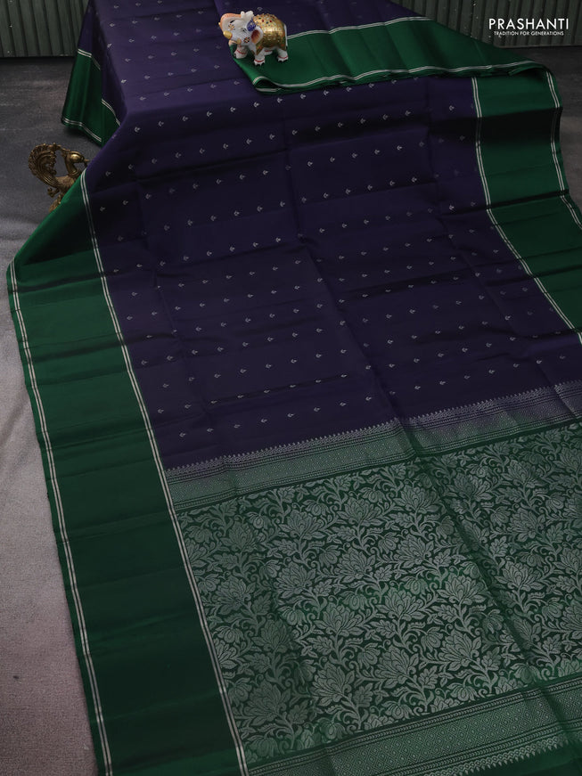 Pure soft silk saree navy blue and green with allover silver zari woven buttas and rettapet silver zari woven border