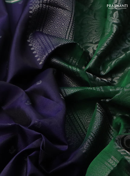 Pure soft silk saree navy blue and green with allover silver zari woven buttas and rettapet silver zari woven border