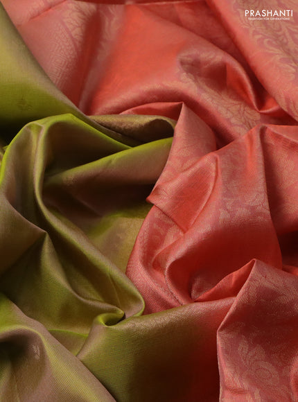 Pure soft silk saree dual shade of green and peach orange with allover zari woven buttas and rettapet zari woven border