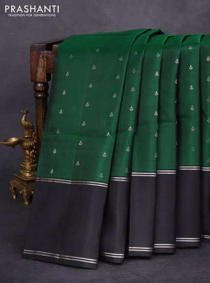 Pure soft silk saree green and black with allover silver zari woven buttas and rettapet silver zari woven border