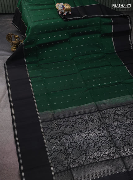 Pure soft silk saree green and black with allover silver zari woven buttas and rettapet silver zari woven border