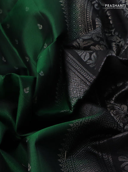 Pure soft silk saree green and black with allover silver zari woven buttas and rettapet silver zari woven border