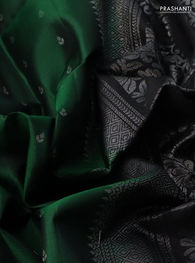 Pure soft silk saree green and black with allover silver zari woven buttas and rettapet silver zari woven border