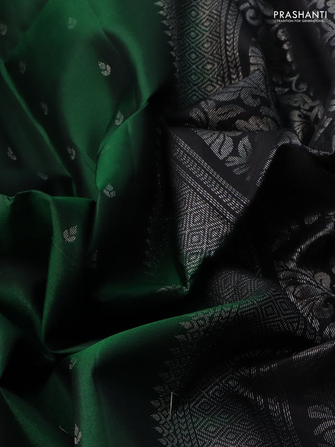 Pure soft silk saree green and black with allover silver zari woven buttas and rettapet silver zari woven border
