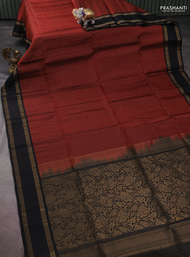 Pure soft silk saree maroon and black with allover zari checked pattern and rettapet zari woven border