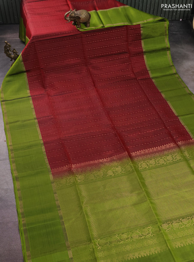 Pure soft silk saree maroon and light green with allover zari weaves and rettapet zari woven border