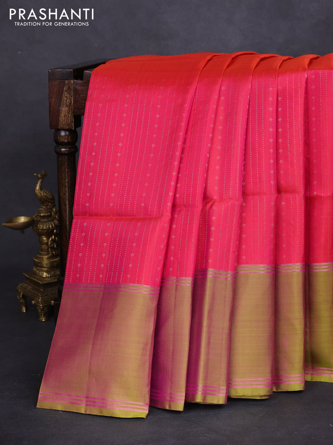 Pure soft silk saree dual shade of pink and dual shade of green with allover zari weaves and rettapet zari woven border