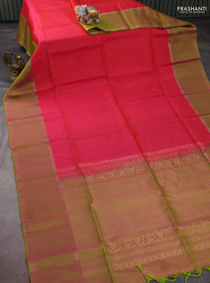 Pure soft silk saree dual shade of pink and dual shade of green with allover zari weaves and rettapet zari woven border