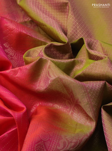 Pure soft silk saree dual shade of pink and dual shade of green with allover zari weaves and rettapet zari woven border