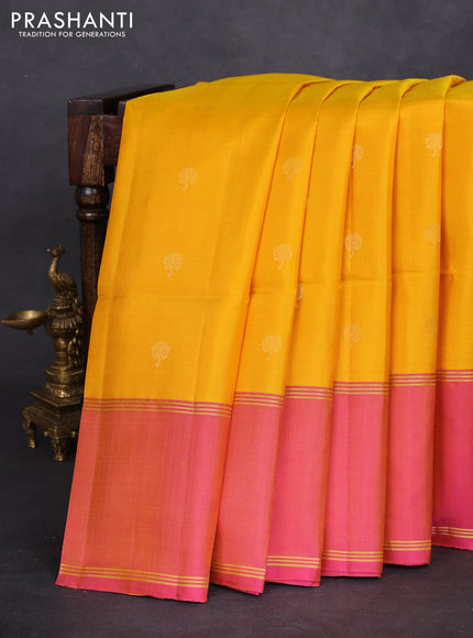 Pure soft silk saree yellow and dual shade of pink with zari woven buttas and rettapet zari woven border