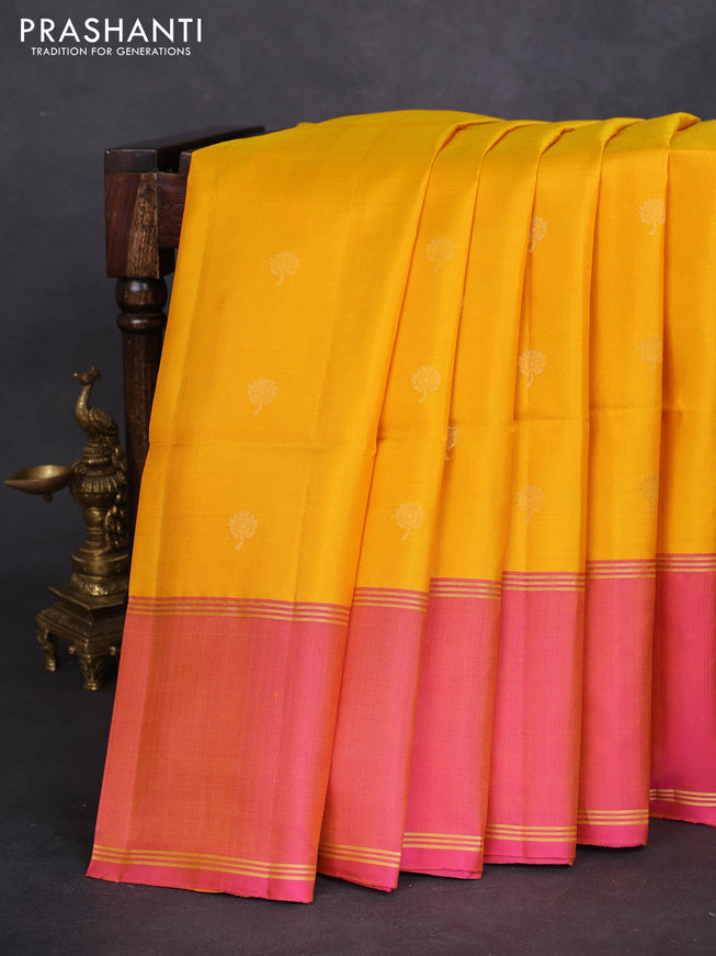 Pure soft silk saree yellow and dual shade of pink with zari woven buttas and rettapet zari woven border