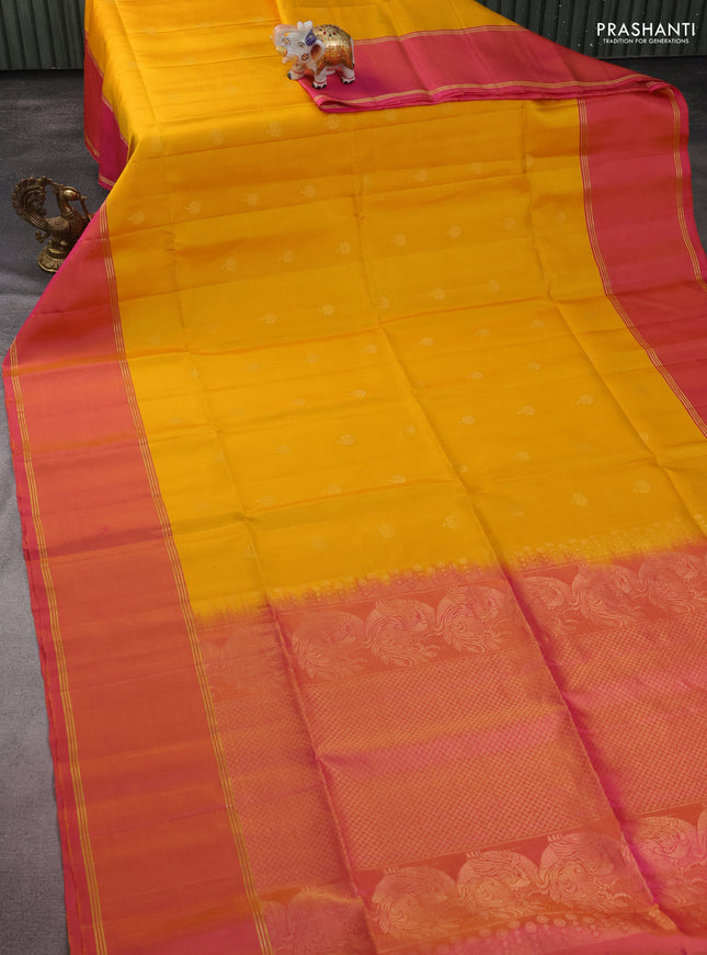Pure soft silk saree yellow and dual shade of pink with zari woven buttas and rettapet zari woven border