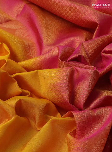 Pure soft silk saree yellow and dual shade of pink with zari woven buttas and rettapet zari woven border