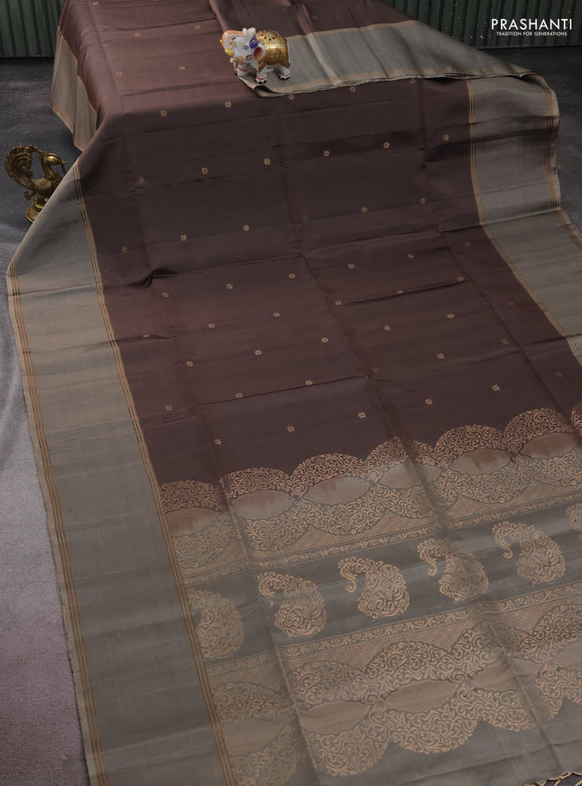 Pure soft silk saree pastel brown and grey with zari woven buttas and rettapet zari woven border