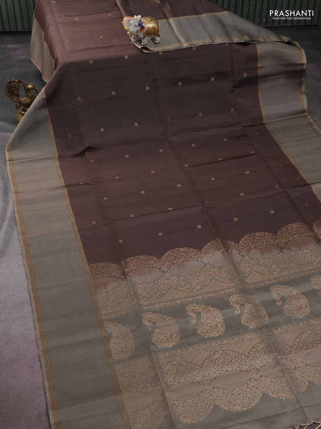 Pure soft silk saree pastel brown and grey with zari woven buttas and rettapet zari woven border
