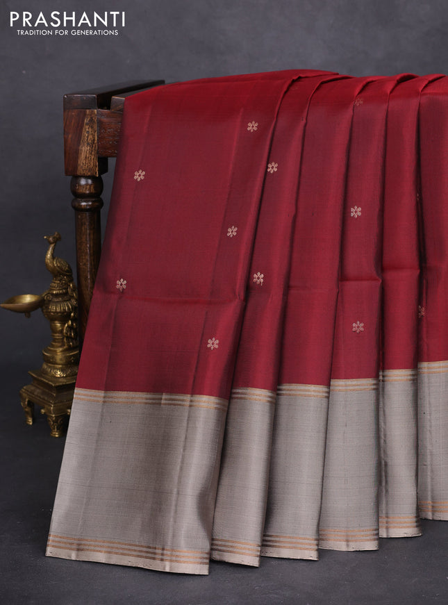 Pure soft silk saree maroon and grey shade with zari woven buttas and rettapet zari woven border