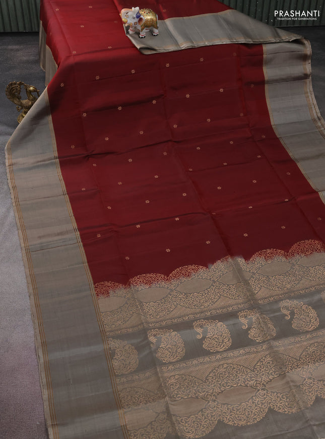 Pure soft silk saree maroon and grey shade with zari woven buttas and rettapet zari woven border