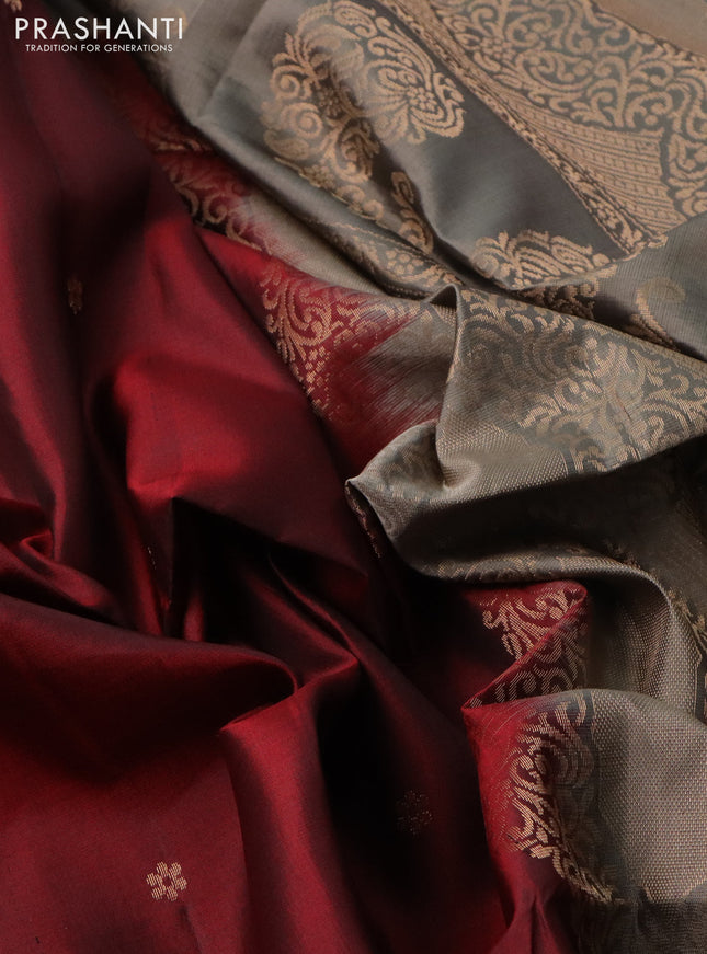 Pure soft silk saree maroon and grey shade with zari woven buttas and rettapet zari woven border