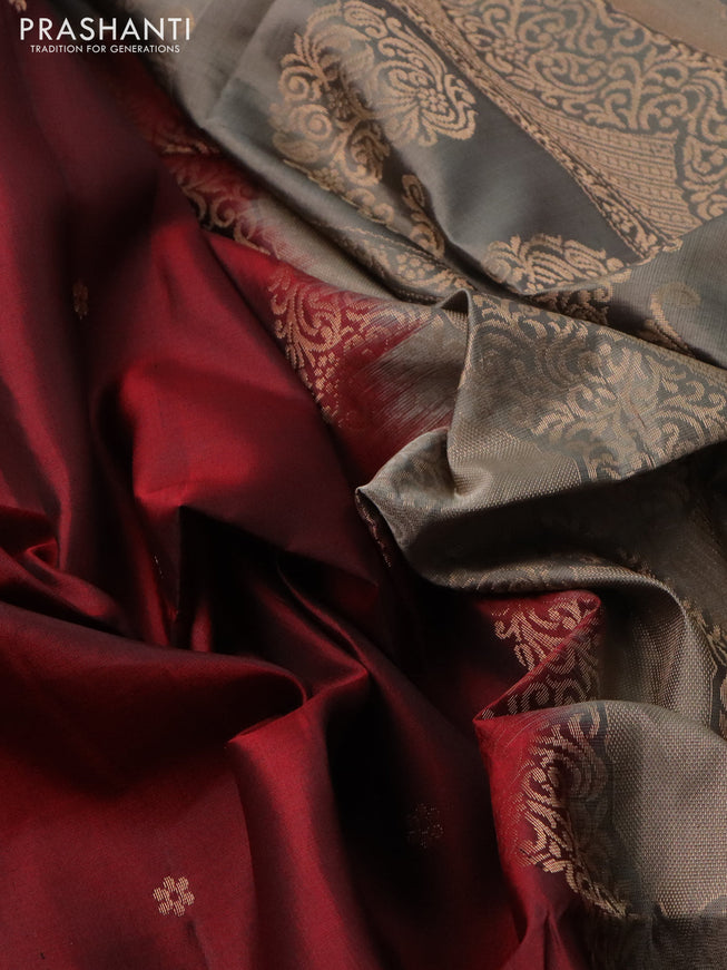 Pure soft silk saree maroon and grey shade with zari woven buttas and rettapet zari woven border