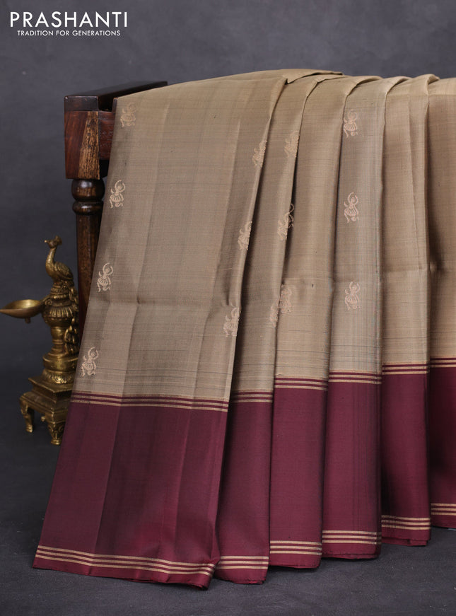 Pure soft silk saree chikku blue and deep maroon with zari woven buttas and rettapet zari woven border