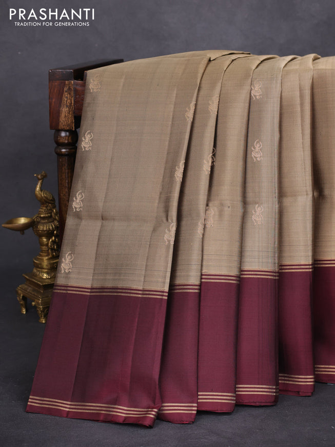 Pure soft silk saree chikku blue and deep maroon with zari woven buttas and rettapet zari woven border