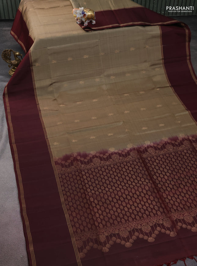 Pure soft silk saree chikku blue and deep maroon with zari woven buttas and rettapet zari woven border