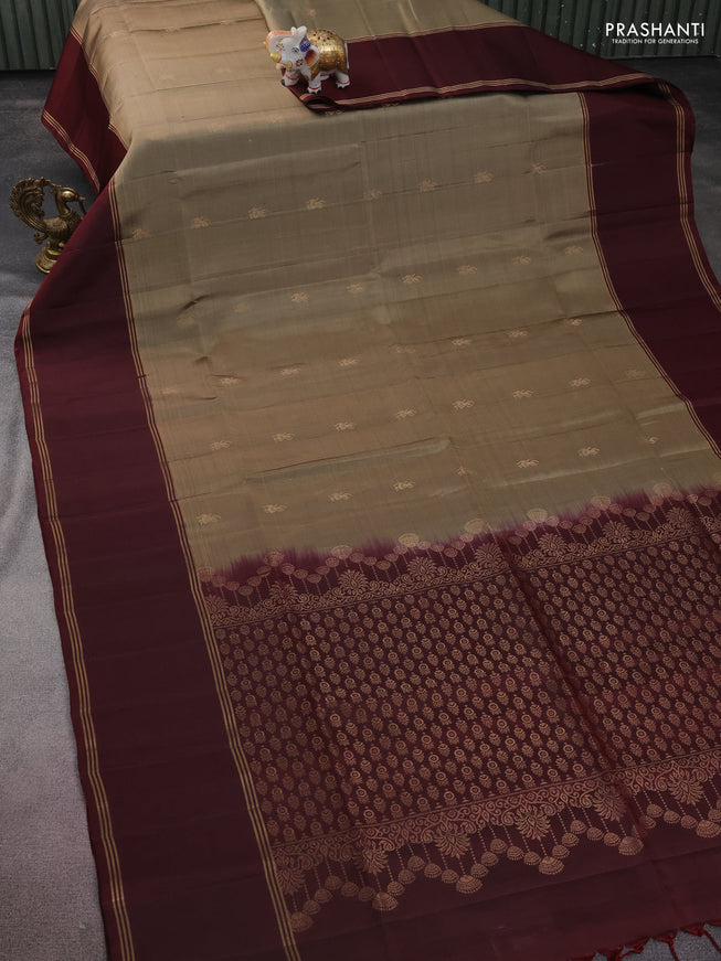 Pure soft silk saree chikku blue and deep maroon with zari woven buttas and rettapet zari woven border