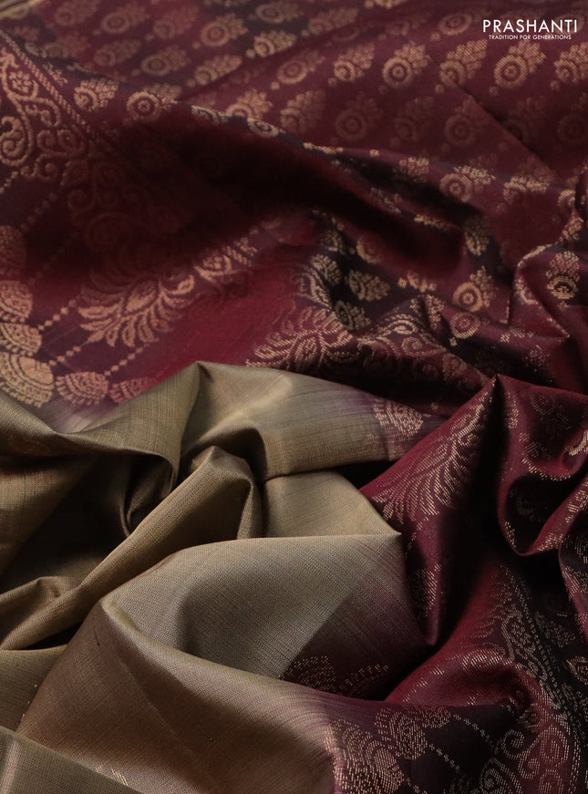Pure soft silk saree chikku blue and deep maroon with zari woven buttas and rettapet zari woven border