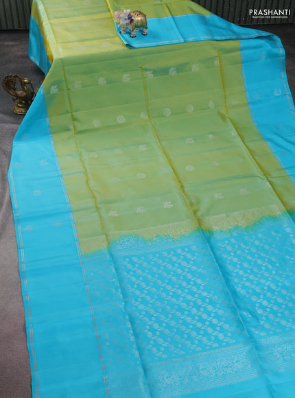 Pure soft silk saree dual shade of light green and light blue with silver zari woven buttas and long silver zari woven butta border