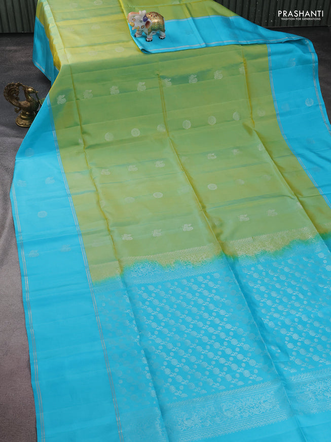 Pure soft silk saree dual shade of light green and light blue with silver zari woven buttas and long silver zari woven butta border